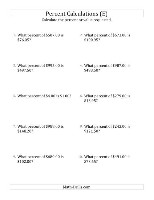 The Calculating the Percent Rate of Decimal Currency Amounts and Select Percents (E) Math Worksheet