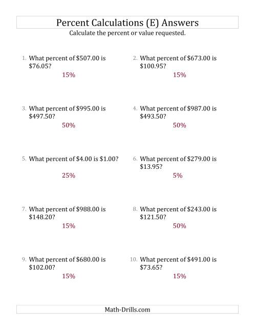 The Calculating the Percent Rate of Decimal Currency Amounts and Select Percents (E) Math Worksheet Page 2