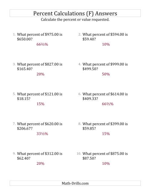 The Calculating the Percent Rate of Decimal Currency Amounts and Select Percents (F) Math Worksheet Page 2