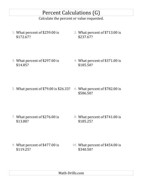 The Calculating the Percent Rate of Decimal Currency Amounts and Select Percents (G) Math Worksheet