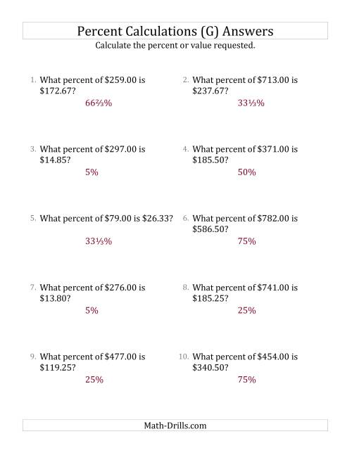 The Calculating the Percent Rate of Decimal Currency Amounts and Select Percents (G) Math Worksheet Page 2