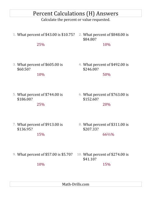 The Calculating the Percent Rate of Decimal Currency Amounts and Select Percents (H) Math Worksheet Page 2