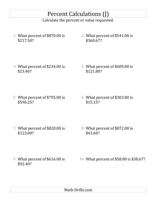 The Calculating the Percent Rate of Decimal Currency Amounts and Select Percents (J) Math Worksheet