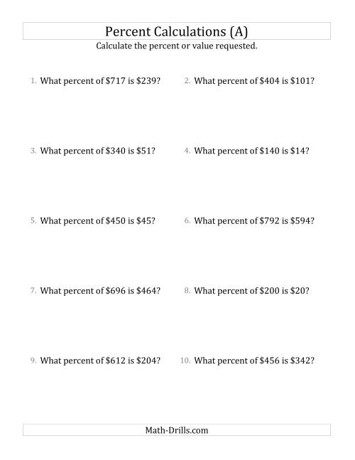 The Calculating the Percent Rate of Whole Number Currency Amounts and Select Percents (A) Math Worksheet