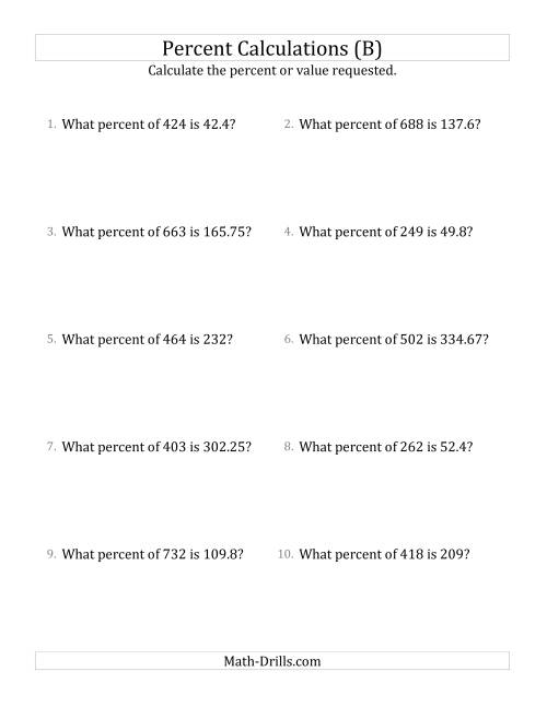 The Calculating the Percent Rate of Decimal Amounts and Select Percents (B) Math Worksheet
