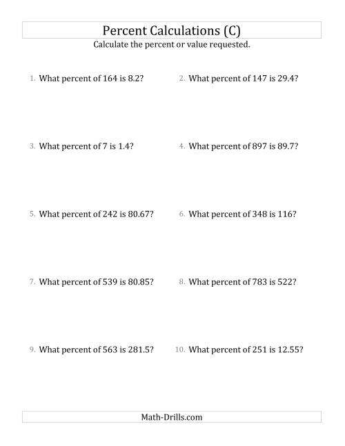 The Calculating the Percent Rate of Decimal Amounts and Select Percents (C) Math Worksheet