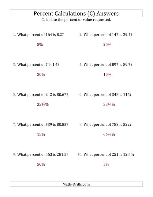 The Calculating the Percent Rate of Decimal Amounts and Select Percents (C) Math Worksheet Page 2