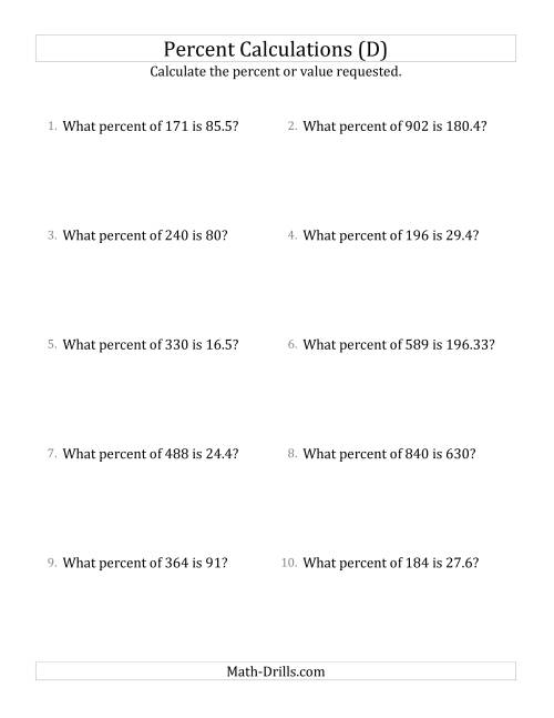 The Calculating the Percent Rate of Decimal Amounts and Select Percents (D) Math Worksheet