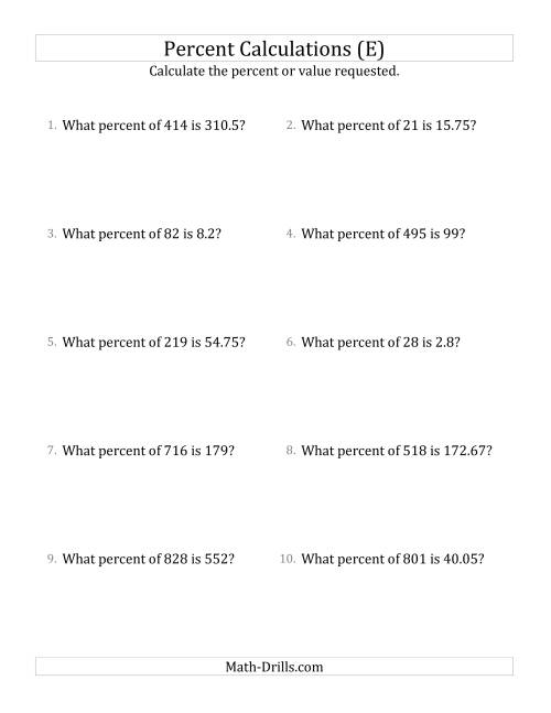 The Calculating the Percent Rate of Decimal Amounts and Select Percents (E) Math Worksheet