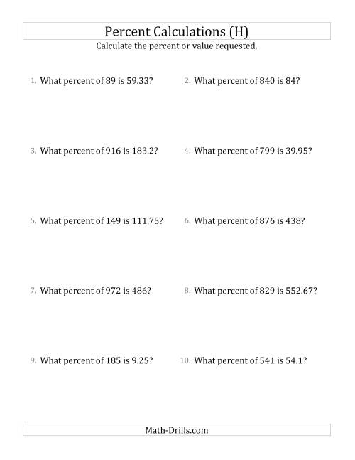The Calculating the Percent Rate of Decimal Amounts and Select Percents (H) Math Worksheet