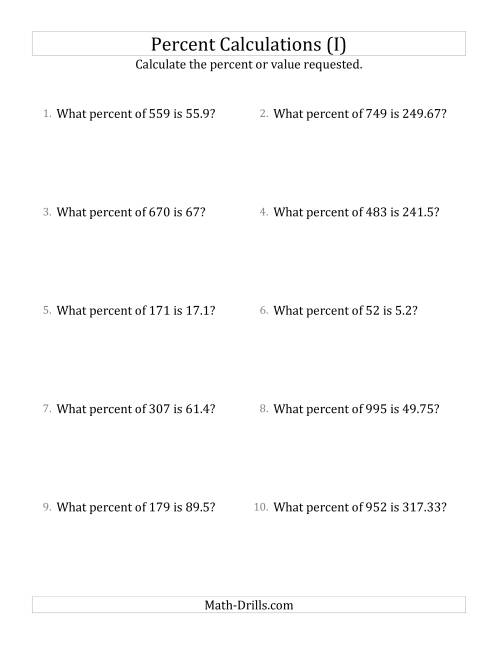 The Calculating the Percent Rate of Decimal Amounts and Select Percents (I) Math Worksheet