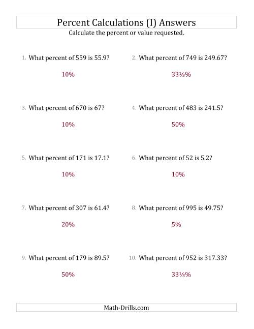 The Calculating the Percent Rate of Decimal Amounts and Select Percents (I) Math Worksheet Page 2