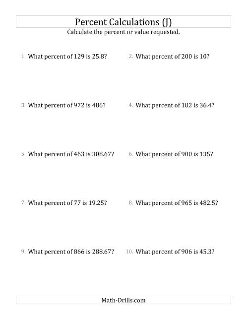 The Calculating the Percent Rate of Decimal Amounts and Select Percents (J) Math Worksheet