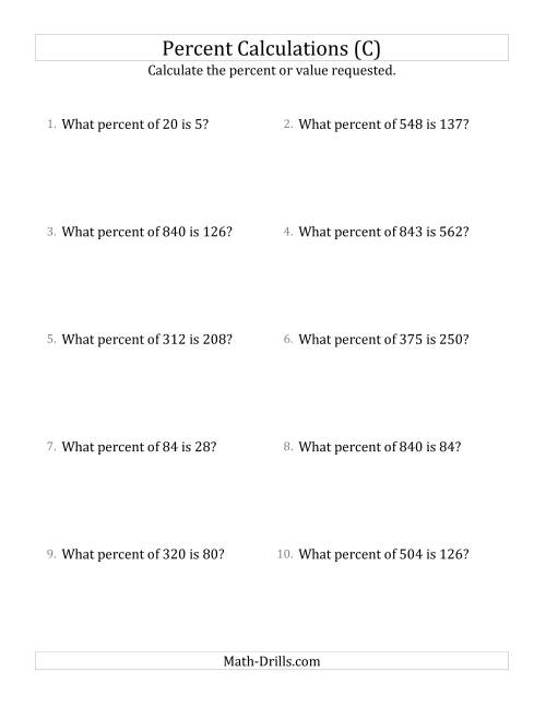 The Calculating the Percent Rate of Whole Number Amounts and Select Percents (C) Math Worksheet