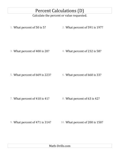 The Calculating the Percent Rate of Whole Number Amounts and Select Percents (D) Math Worksheet