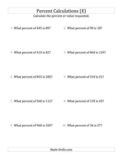 The Calculating the Percent Rate of Whole Number Amounts and Select Percents (E) Math Worksheet