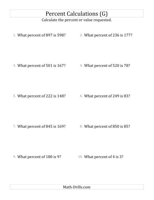 The Calculating the Percent Rate of Whole Number Amounts and Select Percents (G) Math Worksheet