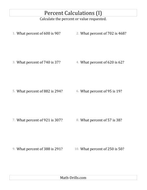 The Calculating the Percent Rate of Whole Number Amounts and Select Percents (I) Math Worksheet
