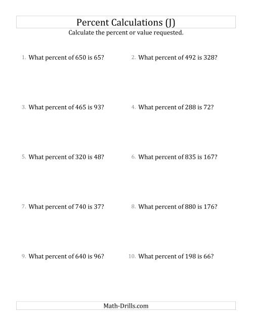 The Calculating the Percent Rate of Whole Number Amounts and Select Percents (J) Math Worksheet
