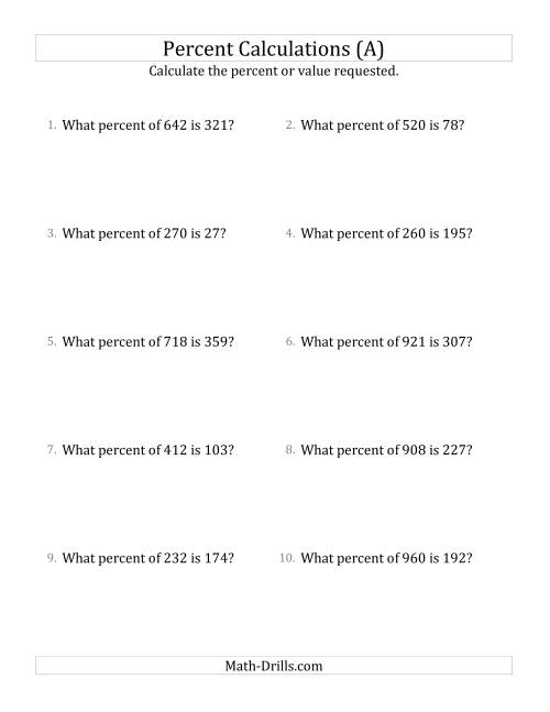 The Calculating the Percent Rate of Whole Number Amounts and Select Percents (All) Math Worksheet