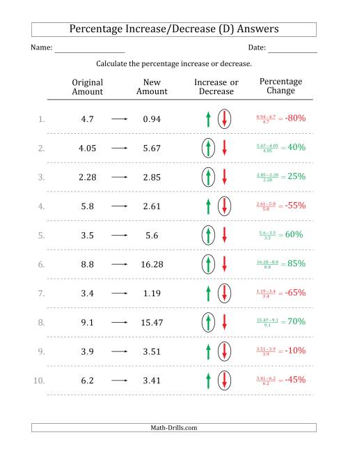 The Percentage Increase or Decrease of Decimal Numbers with 5 Percent Intervals (D) Math Worksheet Page 2