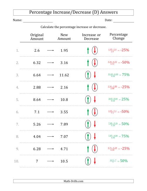 The Percentage Increase or Decrease of Decimal Numbers with 25 Percent Intervals (D) Math Worksheet Page 2