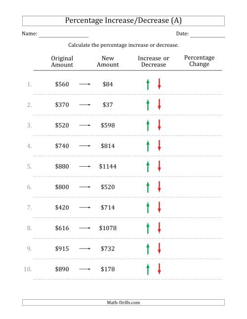 The Percentage Increase or Decrease of Whole Dollar Amounts with 5 Percent Intervals (A) Math Worksheet