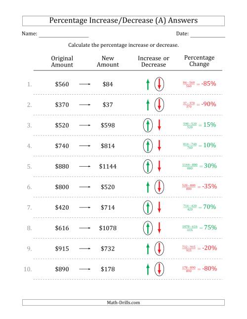 The Percentage Increase or Decrease of Whole Dollar Amounts with 5 Percent Intervals (A) Math Worksheet Page 2
