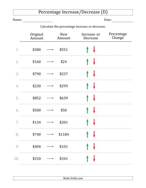 The Percentage Increase or Decrease of Whole Dollar Amounts with 5 Percent Intervals (D) Math Worksheet