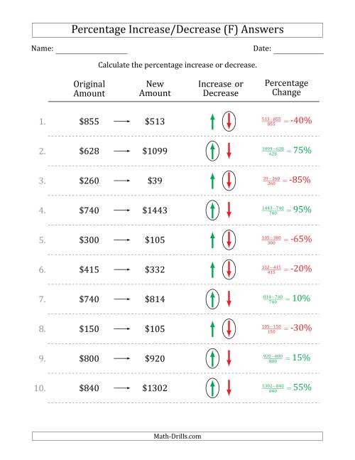 The Percentage Increase or Decrease of Whole Dollar Amounts with 5 Percent Intervals (F) Math Worksheet Page 2