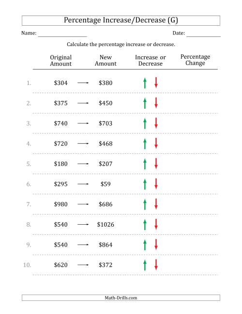 The Percentage Increase or Decrease of Whole Dollar Amounts with 5 Percent Intervals (G) Math Worksheet
