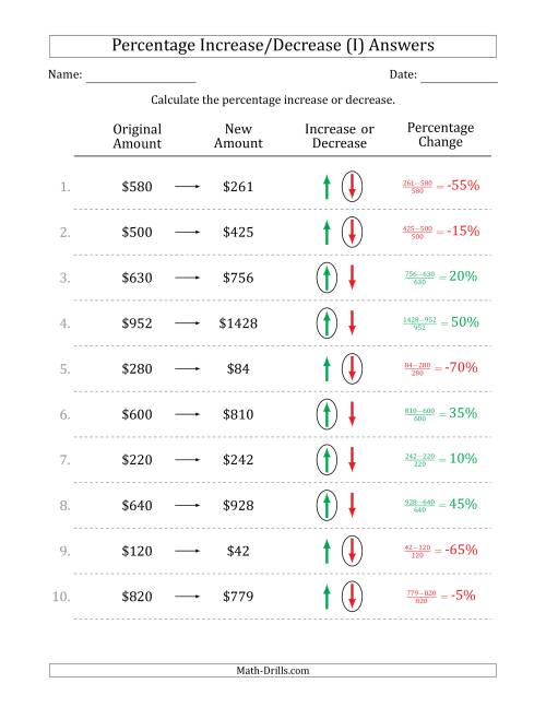 The Percentage Increase or Decrease of Whole Dollar Amounts with 5 Percent Intervals (I) Math Worksheet Page 2