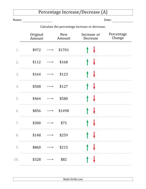 The Percentage Increase or Decrease of Whole Dollar Amounts with 25 Percent Intervals (A) Math Worksheet