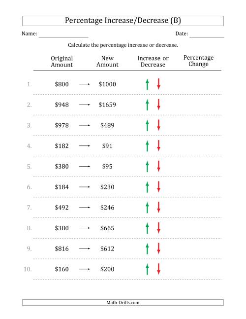 The Percentage Increase or Decrease of Whole Dollar Amounts with 25 Percent Intervals (B) Math Worksheet