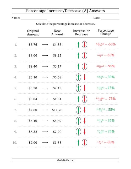 The Percentage Increase or Decrease of Decimal Dollar Amounts with 5 Percent Intervals (A) Math Worksheet Page 2