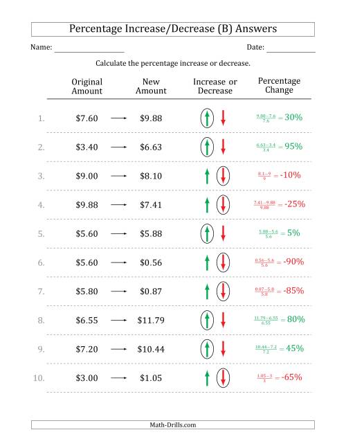 The Percentage Increase or Decrease of Decimal Dollar Amounts with 5 Percent Intervals (B) Math Worksheet Page 2