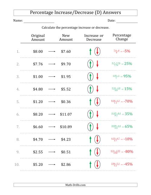 The Percentage Increase or Decrease of Decimal Dollar Amounts with 5 Percent Intervals (D) Math Worksheet Page 2