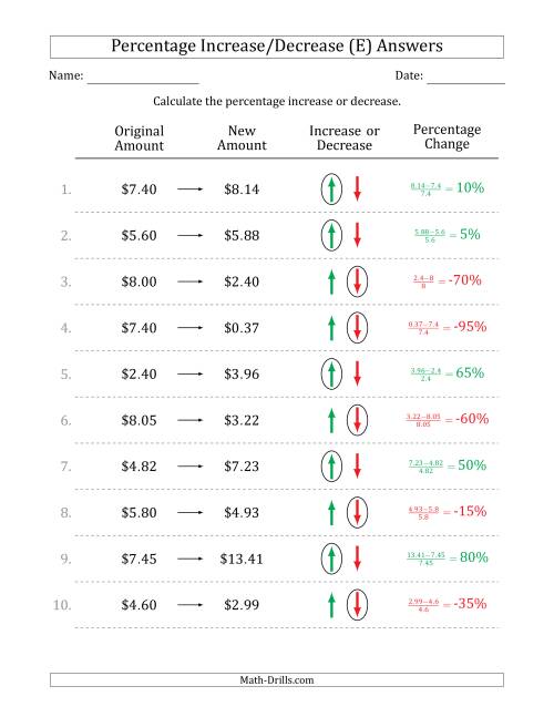 The Percentage Increase or Decrease of Decimal Dollar Amounts with 5 Percent Intervals (E) Math Worksheet Page 2