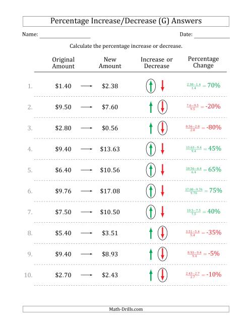 The Percentage Increase or Decrease of Decimal Dollar Amounts with 5 Percent Intervals (G) Math Worksheet Page 2