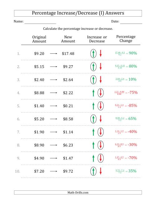 The Percentage Increase or Decrease of Decimal Dollar Amounts with 5 Percent Intervals (I) Math Worksheet Page 2
