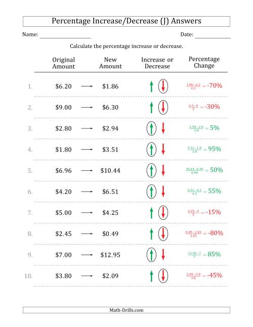 The Percentage Increase or Decrease of Decimal Dollar Amounts with 5 Percent Intervals (J) Math Worksheet Page 2