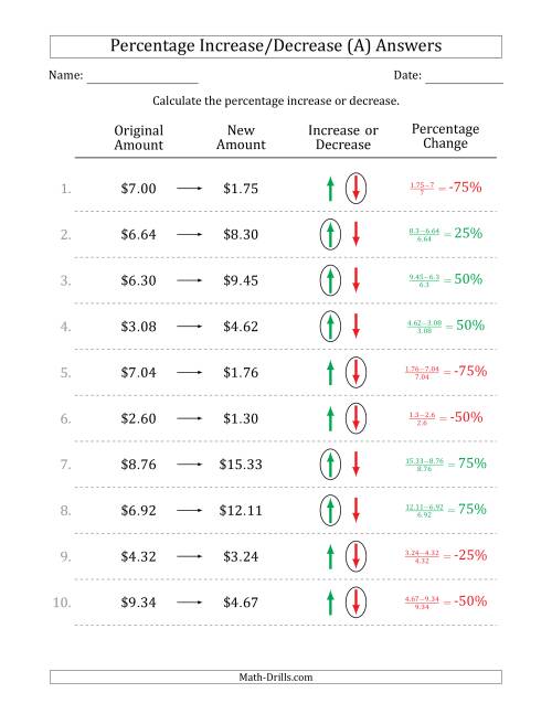 The Percentage Increase or Decrease of Decimal Dollar Amounts with 25 Percent Intervals (A) Math Worksheet Page 2