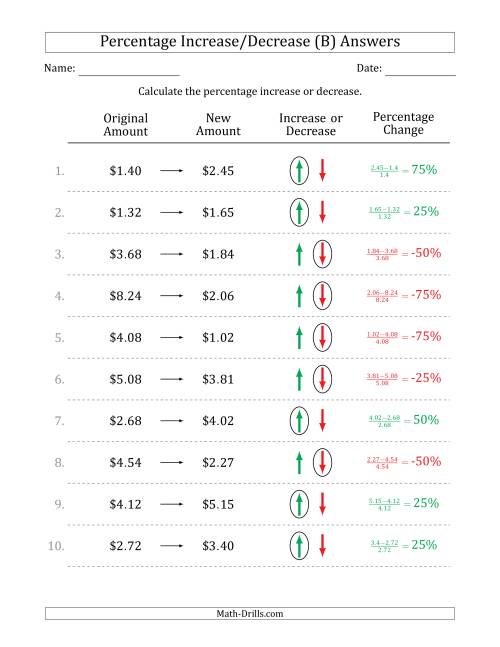 The Percentage Increase or Decrease of Decimal Dollar Amounts with 25 Percent Intervals (B) Math Worksheet Page 2