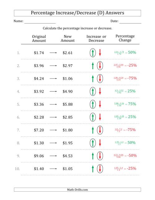 The Percentage Increase or Decrease of Decimal Dollar Amounts with 25 Percent Intervals (D) Math Worksheet Page 2