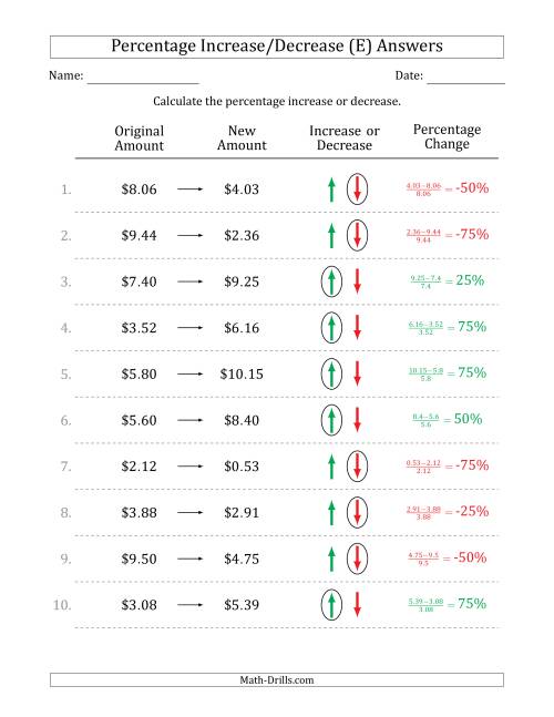 The Percentage Increase or Decrease of Decimal Dollar Amounts with 25 Percent Intervals (E) Math Worksheet Page 2