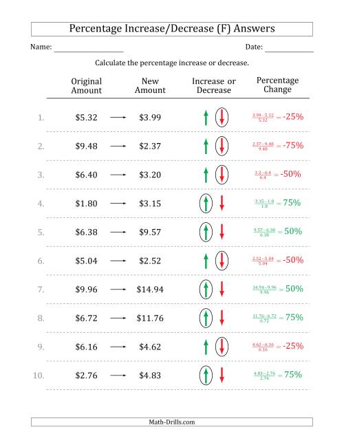 The Percentage Increase or Decrease of Decimal Dollar Amounts with 25 Percent Intervals (F) Math Worksheet Page 2