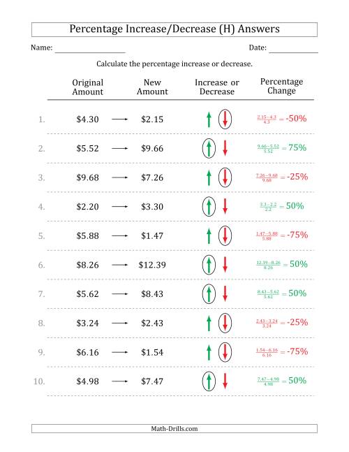The Percentage Increase or Decrease of Decimal Dollar Amounts with 25 Percent Intervals (H) Math Worksheet Page 2