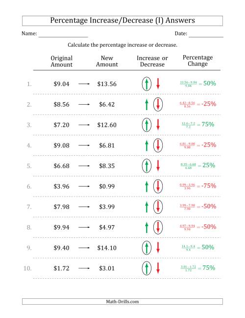 The Percentage Increase or Decrease of Decimal Dollar Amounts with 25 Percent Intervals (I) Math Worksheet Page 2