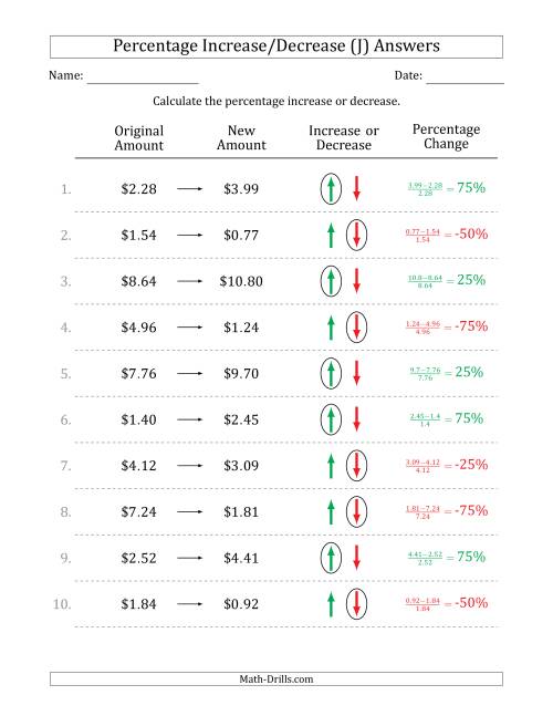 The Percentage Increase or Decrease of Decimal Dollar Amounts with 25 Percent Intervals (J) Math Worksheet Page 2