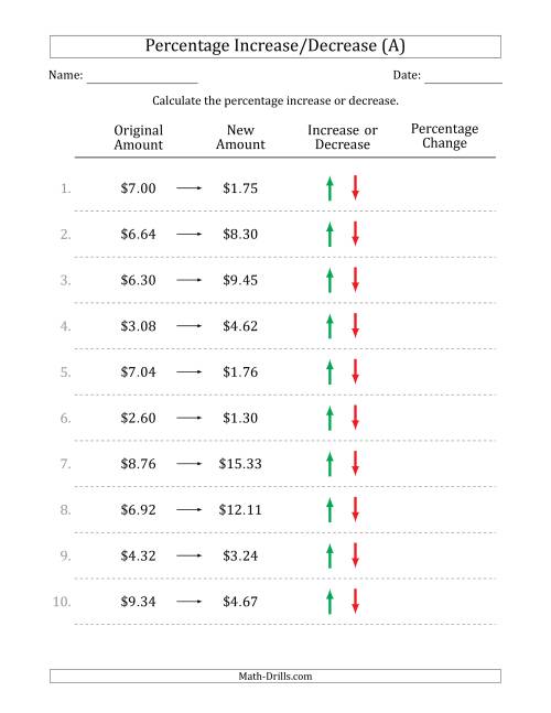 The Percentage Increase or Decrease of Decimal Dollar Amounts with 25 Percent Intervals (All) Math Worksheet